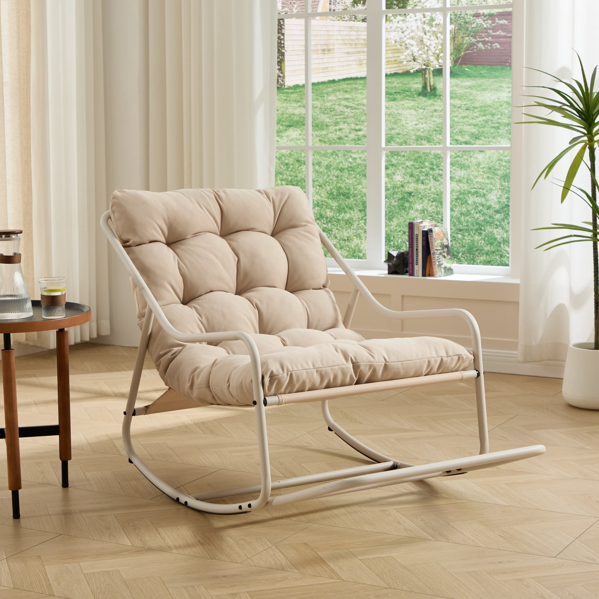 Outdoor Rocking Chair with Cushion, Patio Comfy Rocker with Thick Padding, Modern Sling Chair for Porch, Garden, Reading Nook, Beige