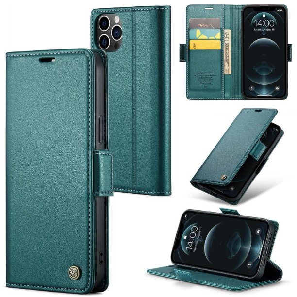 Funda tipo cartera iPhone 12 Pro Max con cierre magnético, RFID, tarjetero, soporte, carga inalámbrica