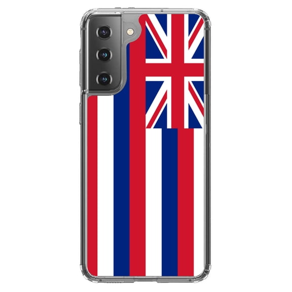 DistinctInk Clear Shockproof Hybrid Case for Galaxy S21 5G (6.2" Screen) - TPU Bumper, Acrylic Back, Tempered Glass Screen Protector - Hawaii State Flag - US State Flag