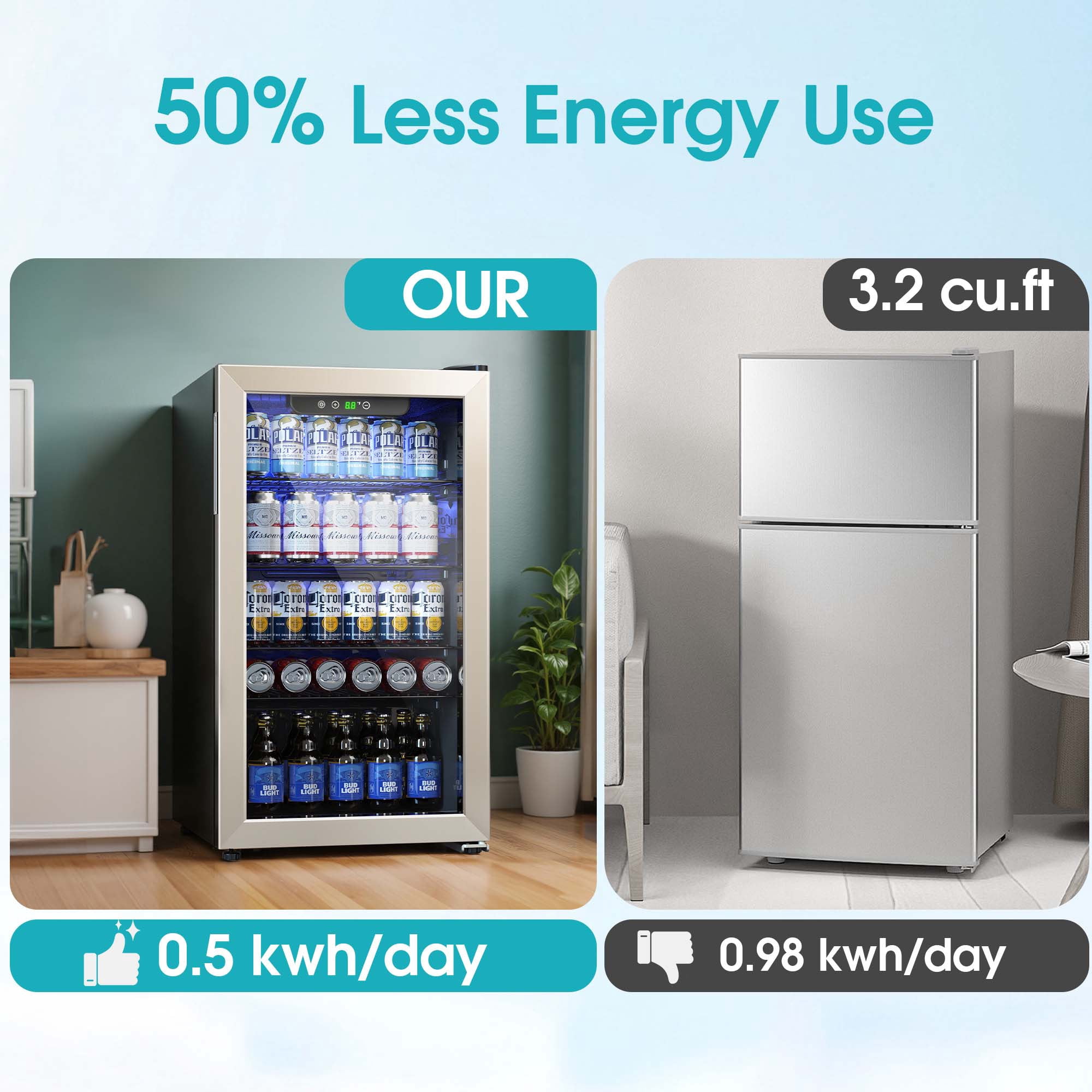 Goosiay 130 Can Beverage Refrigerator & Cooler, Mini Bar Drink Refrigerator with Glass Door, Silver