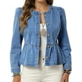 thumbnail image 2 of Veste en Denim à Basque pour Femme Sans Col, Col Rond, Boutonnée, Courte, Ourlet à Volants, Bleu, TTG, 2 of 8