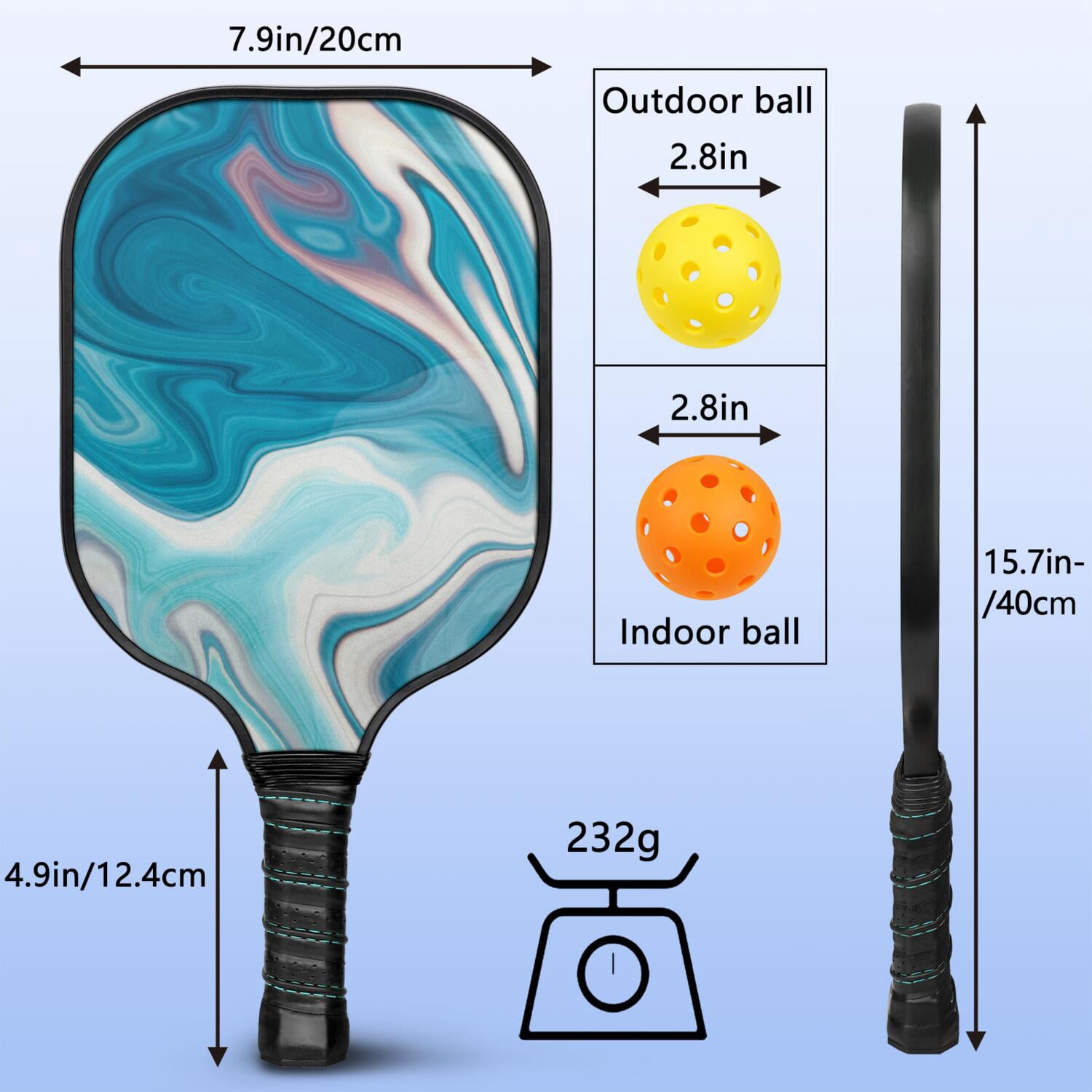 Pickleball Paddles Set Of 1, Fiberglass Surface, Liquid & Marble Print, 1 Paddles, 2 Balls & Bag