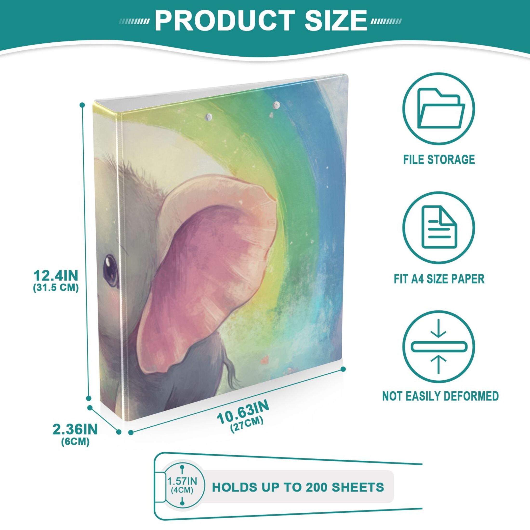 Elephants with Rainbows 3 Ring Binders 1.5 inch Hardcover File Folders with Interior Pockets A4 Size Organizer for School Office Hospital