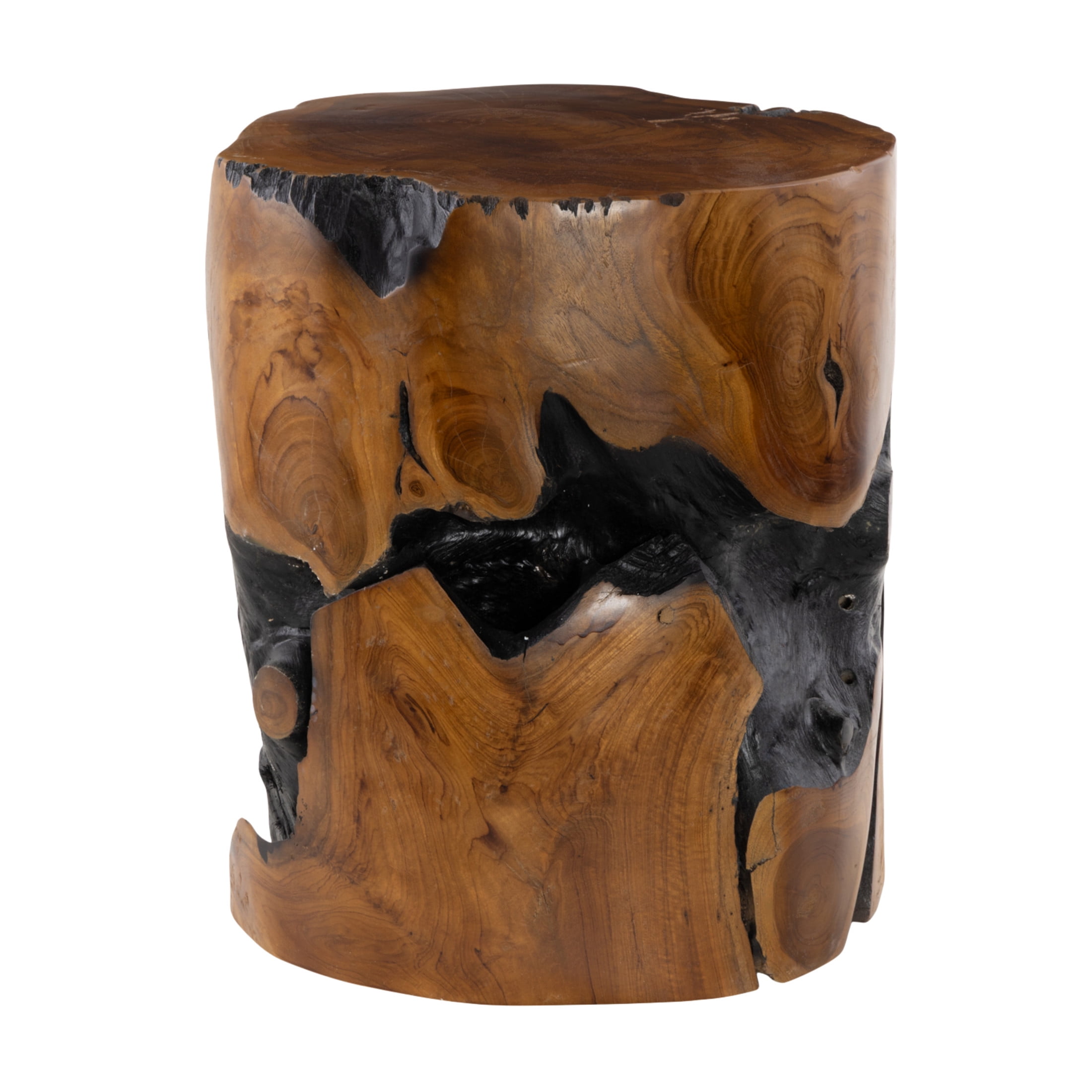 DecMode Teak Wood Handmade Live Edge Stump Stool with Charred Detailing, Brown