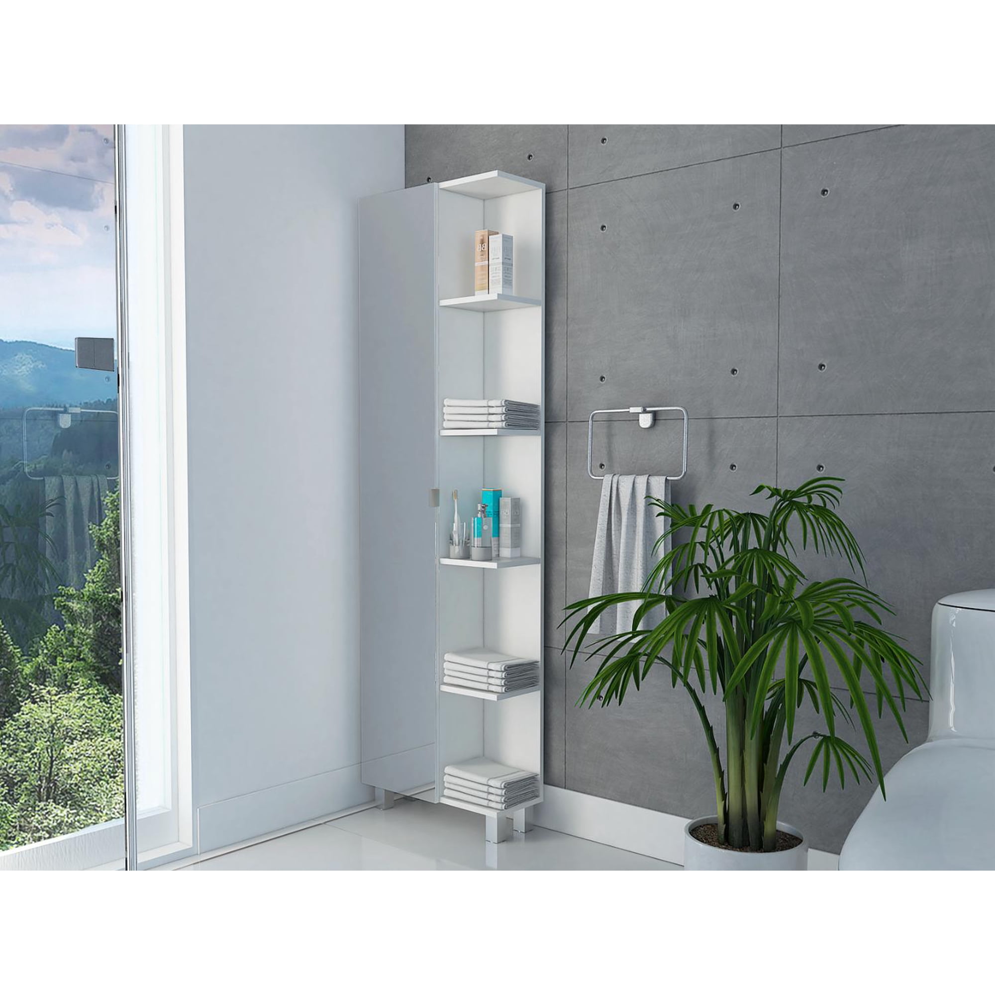 TUHOME Urano 62.2 Tall Mirrored Linen Cabinet 7 Shelves Bathroom Linen Storage Black or White