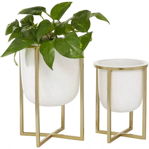 Metal Indoor Outdoor Planter Dome Small Planter Pot with Gold X-Shaped Stands Set of 2 Planters 12 10H White