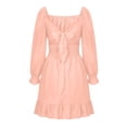 thumbnail image 5 of Womens Lantern Long Sleeve Mini Chiffon Dresses Ruched Square Neck High Waist Dress Loose Ruffle Summer Swing Dress, 5 of 7