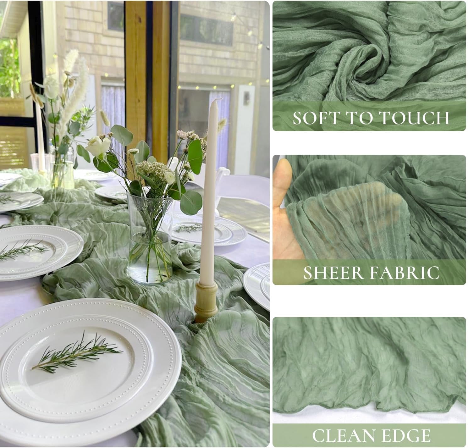 HBlife 10 Pack Sage Green Cheesecloth  Gauze Table Runner, 35 x 120 Inch Boho, Rustic, Romantic for Wedding Party Bridal Birthday Baby Shower