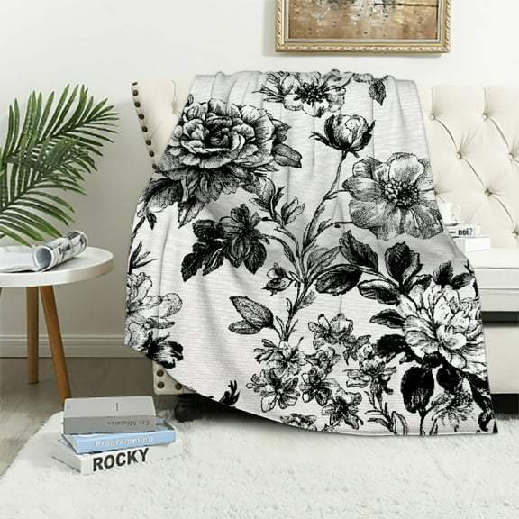 Autua Floral Pattern Black White Long-Lasting Throw Blanket All Seasons 40x50in