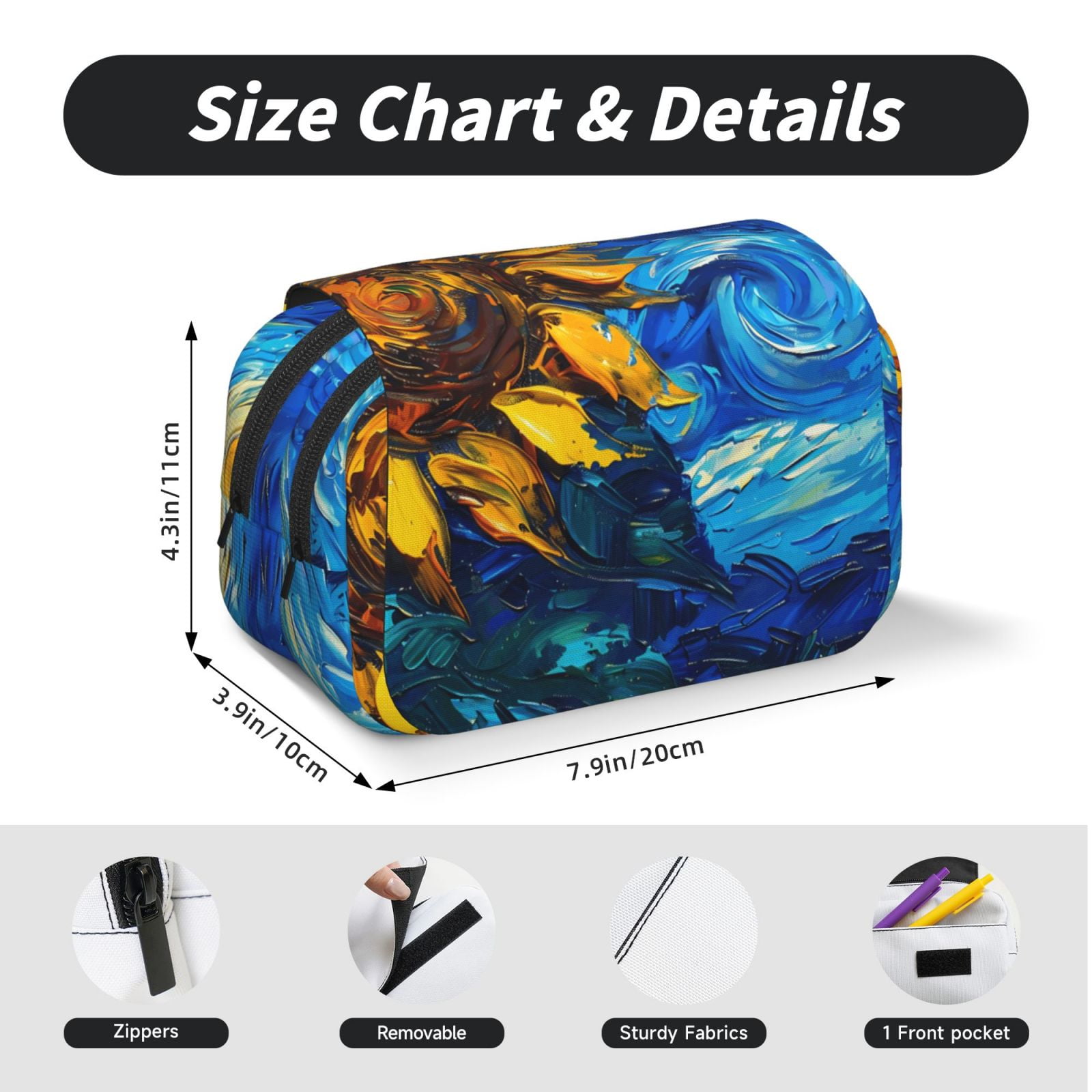 Rateoe Sunflower Starry Night Vibes Pattern Double Clamshell Pen Case, Storage Organizer with Two Zipper Compartments– Holds Up to 50 Pencils & Pens