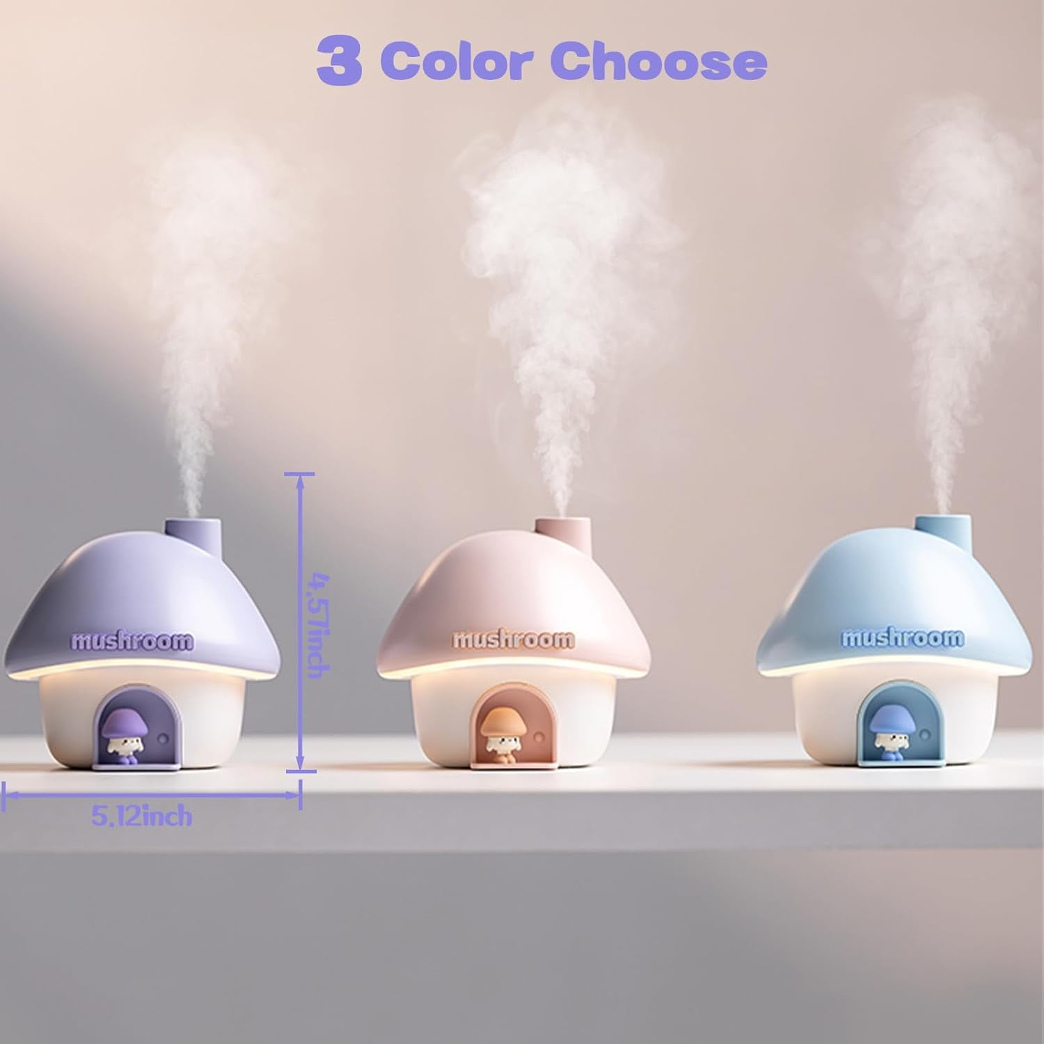 Small Humidifier for Bedroom, 300ML Pur House Mini Humidifier with 6 Colors Sunset Light, 2 Spray Modes Portable Baby Humidifier, Cute Rechargeable Mushroom Night Light for Kids