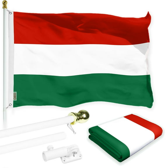 G128 Combo Pack: 6 Ft Tangle Free Spinning Flagpole (White) & Hungary Flag 3x5 Ft Printed 150D Polyester, Brass Grommets (Flag Included) Aluminum Flag Pole