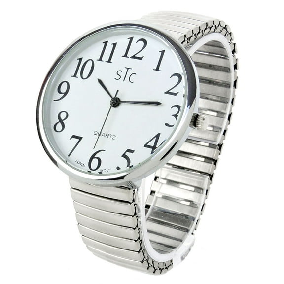 STC Silver Super Large Case Size 43mm Stretch Band Easy to Read Unisex Watch - New in Gift Box