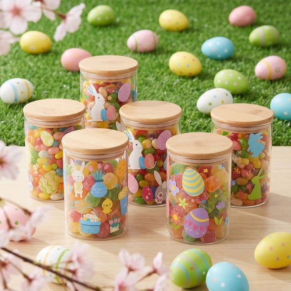 Strafriture 6PCS Easter's Day Glass Storage Jars with Airtight Lid Bunnies Eggs Flower Decorative Canisters Sets for Home Kitchen Countertop,3.94 Inch
