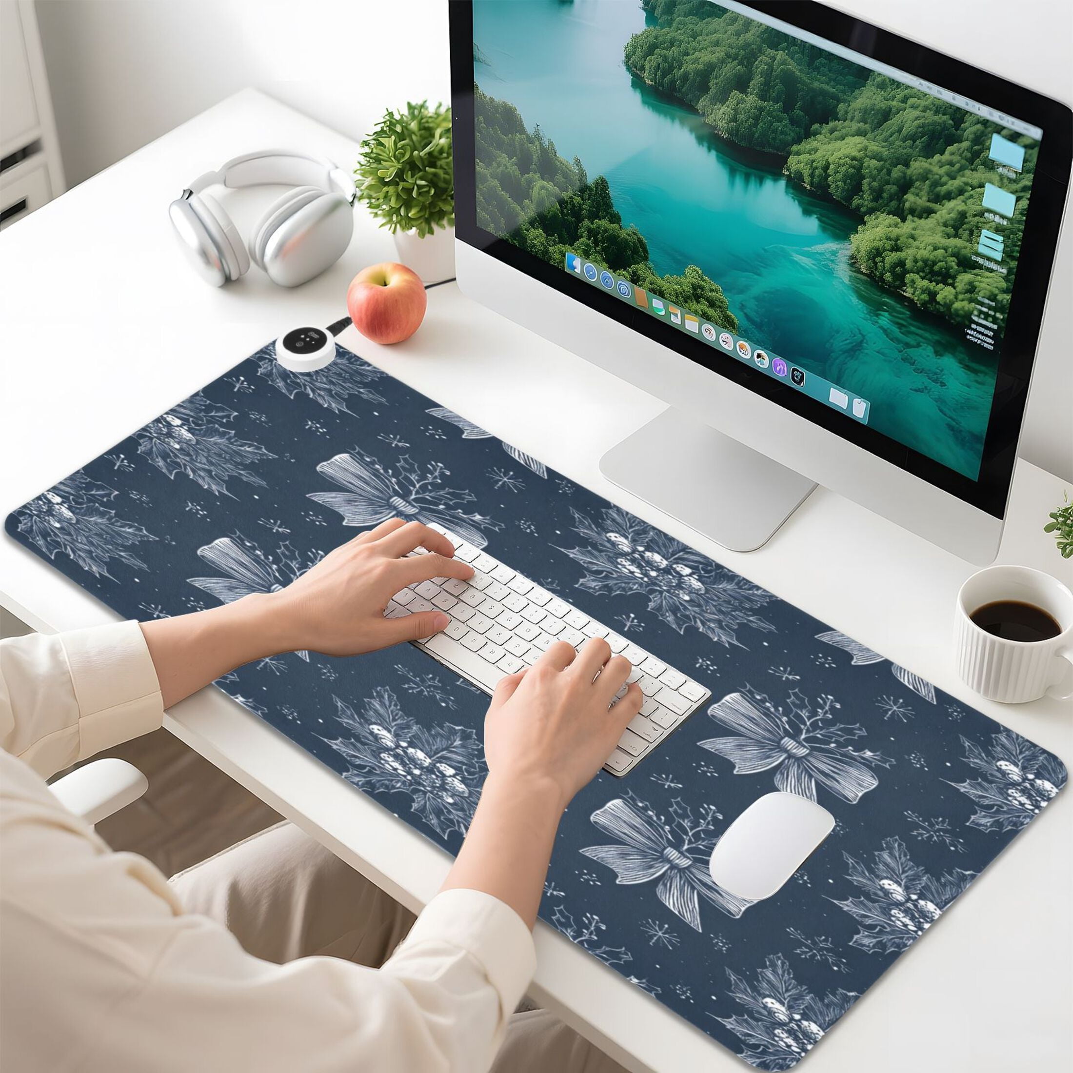 Large Heated Desk Mat Mouse Pad 31.5"x13"PU Leather Graphene Heating Desk Warmer with 3 Temperature Settings 110V US Plug Non-Slip Warm Pad for Home, Office, and Gaming Silver Christmas Bows Pattern