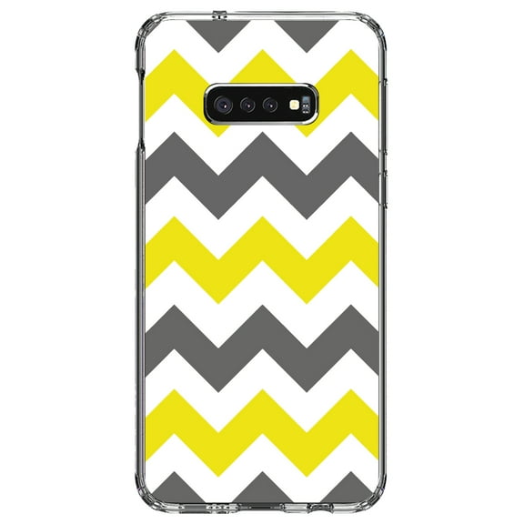 DistinctInk Clear Shockproof Hybrid Case for Samsung Galaxy S10e (5.8" Screen) - TPU Bumper, Acrylic Back, Tempered Glass Screen Protector - Grey Yellow Stripes - Stripes Pattern
