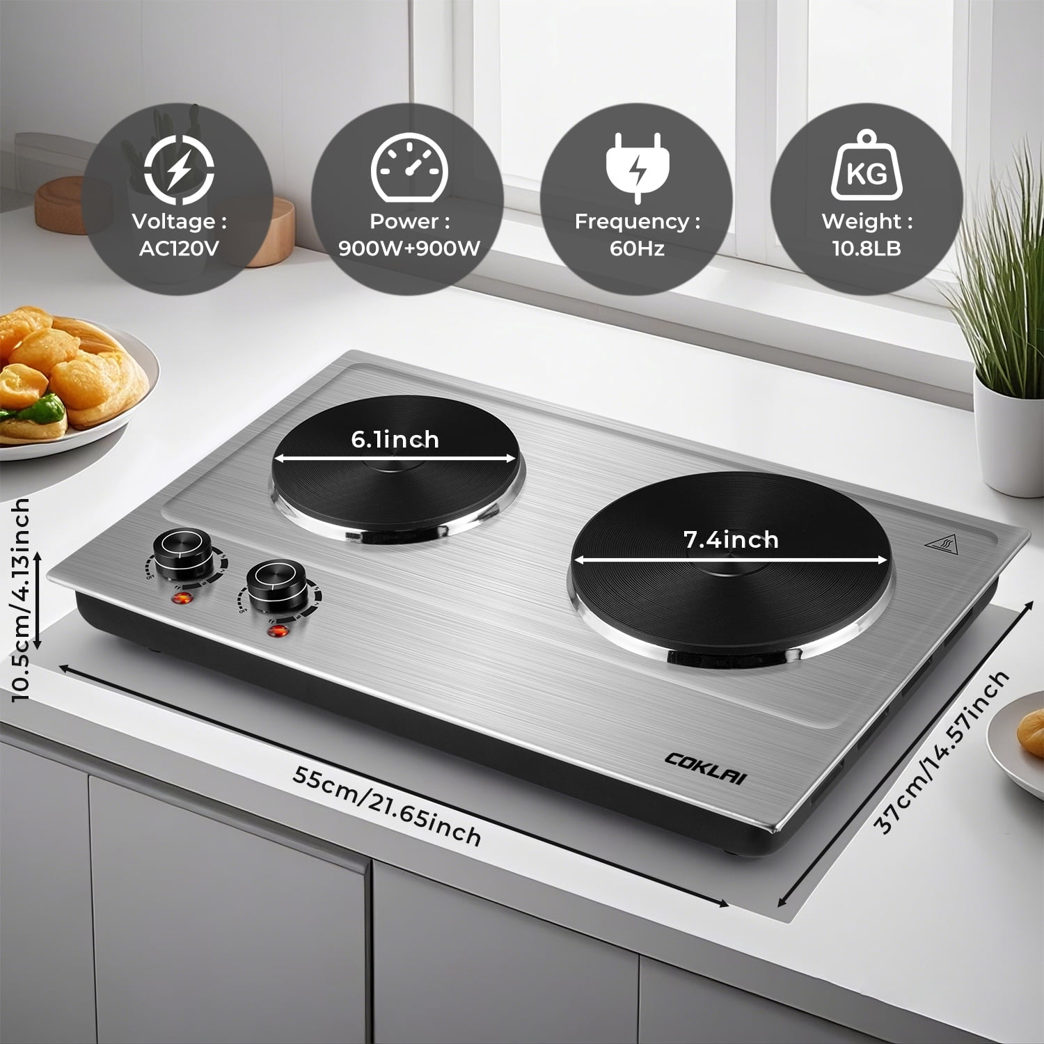 Coklai 1800W Portable Double Burner Hot Plate, Stainless Steel Countertop Electric Cooktop with Dual Cast Iron Heating Plates, Easy to Clean, 24-month warranty