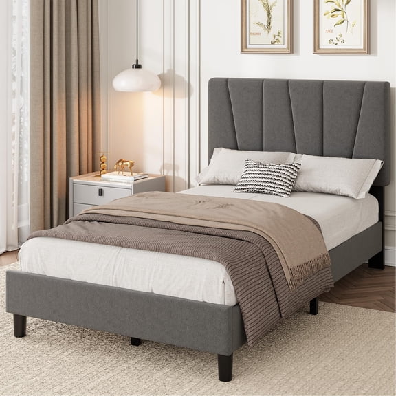Twin Size Bed Frame with Headboard Adjustable, Modern Linen Upholstered Twin Platform Bed Frame with Wooden Slat Support, No Box Spring Needed, Grey