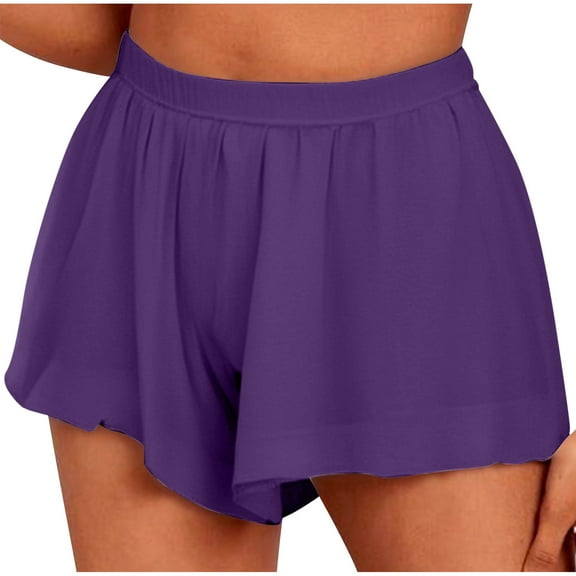 QQAMB Women's Summer Shorts Solid Color Elastic Waist Pleated Lightweight Shorts Loose Casual Pants Purple S