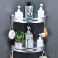 thumbnail image 1 of Estante de baño sin taladro, especiero de esquina, estante de pared de metal con 4 ganchos, estante de almacenamiento para ducha, cesta de ducha, instalación adhesiva (plata mate, 2 niveles, clasifica, 1 of 5