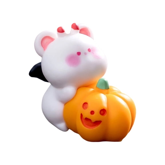 Halloween Mini Figurine, Cute White Bear with Pumpkin, 1 Piece Miniature, Resin Decorative Accessory for Halloween Micro Landscape DIY Blind Bag Party Desktop Fairy Garden Decoration