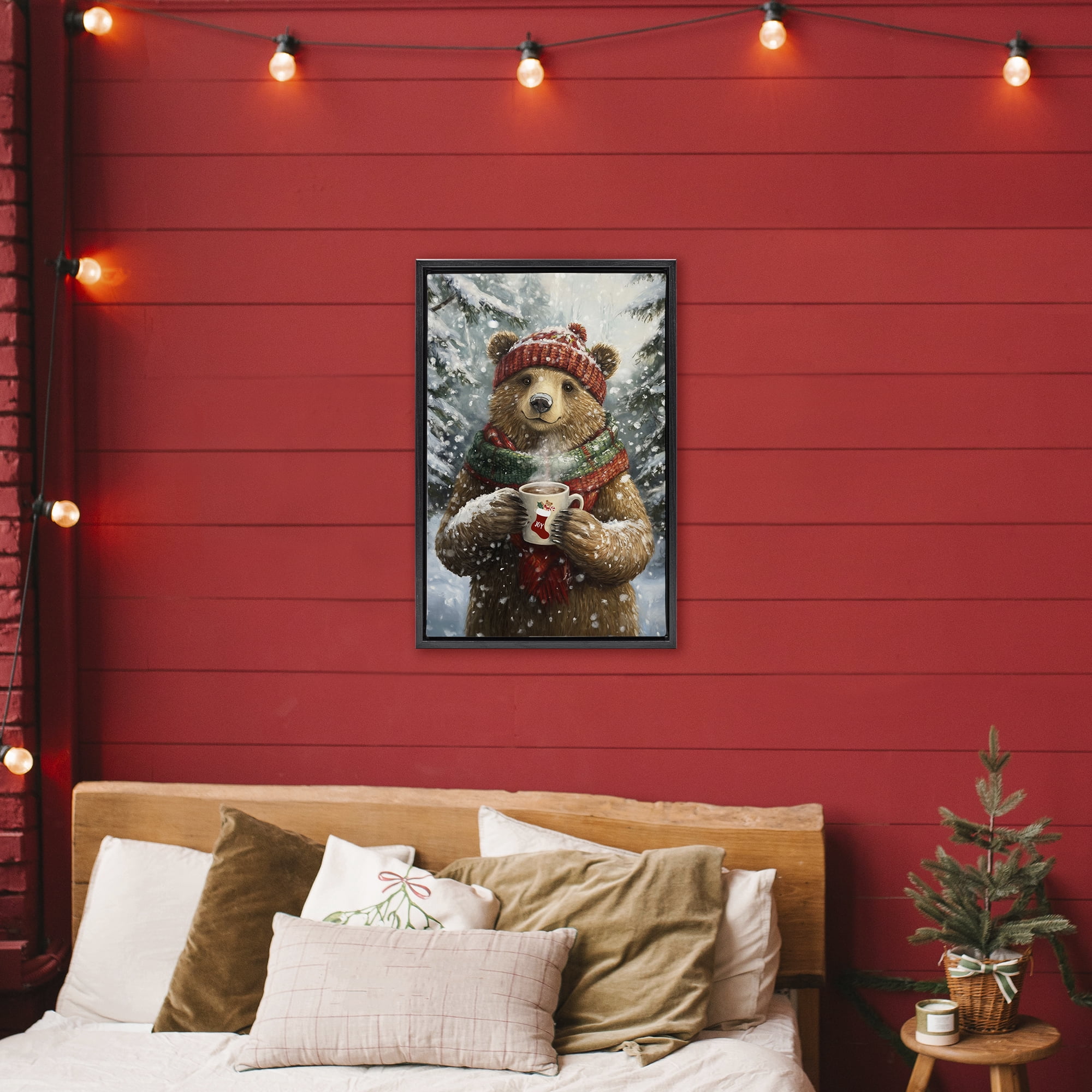 Stupell Industries Christmas Cocoa Bear Black Framed Floater Canvas Wall Art, design by Tina LeCour