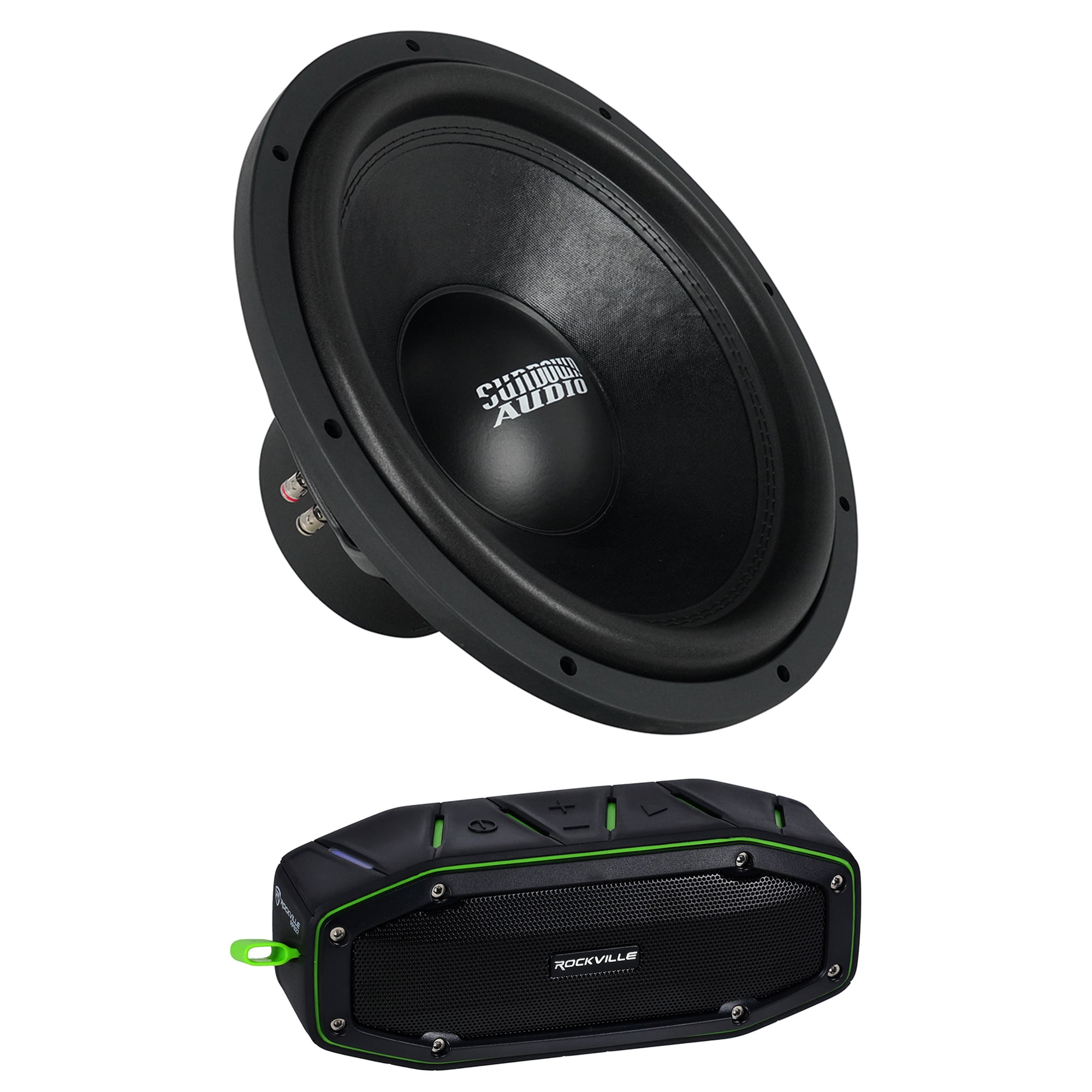 Sundown Audio E-15 V.4 D2 Bundle: 15 in 750W RMS DVC 2-Ohm Car Subwoofer, RPB27 V2 Bluetooth Speaker, 2-items