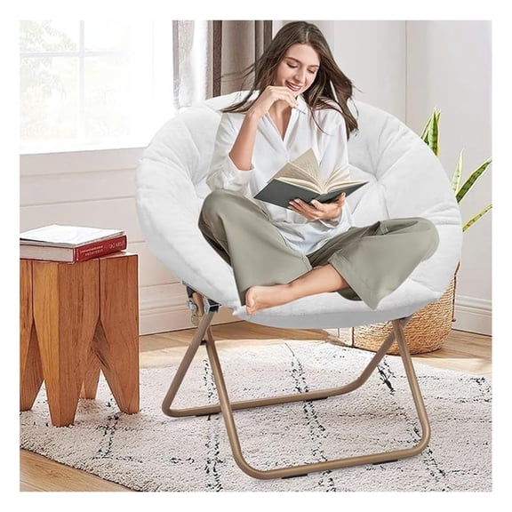 Round Comfy Saucer Chair, Metal Frame Cozy Lounge Lazy Chair Folding Faux Fur Saucer Chair for Adults, Foldable Papasan Moon Chair for Bedroom Living Room Dorm (White Seat/ Stand)