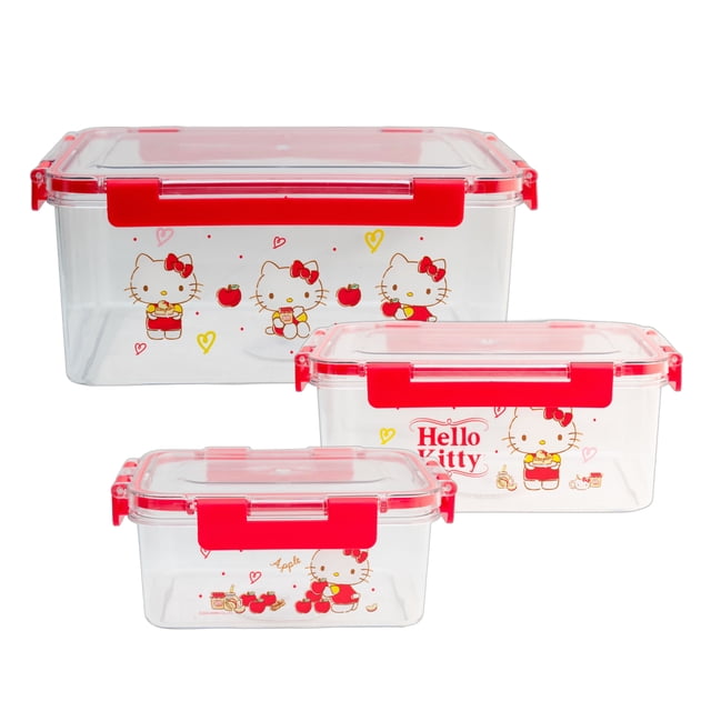 Set De 3 Contenedores Herméticos de Acrílico, Personajes Animados, Colección Sanrio, Hello Kitty con Tapa Rojo, Varios Tamaños, 550 ml, 1.4 y 3 Litros