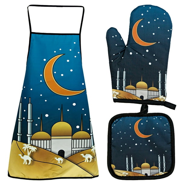 Xihbxyly Guantes para Hornear Eid Al-Fitr, Aislantes de Alta Temperatura, Resistentes Al Calor, Juego de Delantales Protectores, Esenciales de Cocina Antiescaldaduras, Estampado Festivo de Raya, Jueg