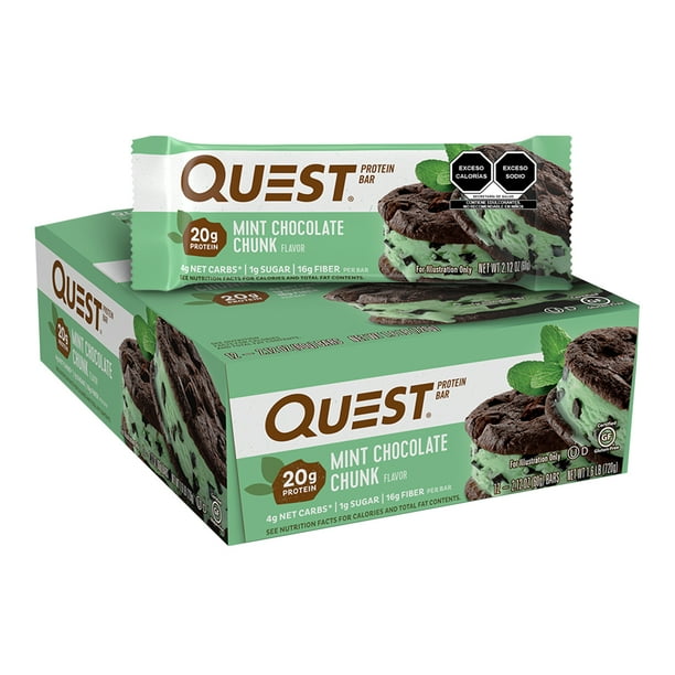 Barra DE proteína Quest Nutrition sabor a Menta con Chocolate en Trozos Caja con 12