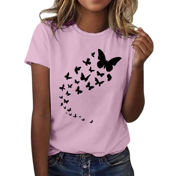 Womens Tops Short Sleeve Butterfly Print Round Neck T Shirt Top Fashion Clothes Blouses Dressy Casual Women