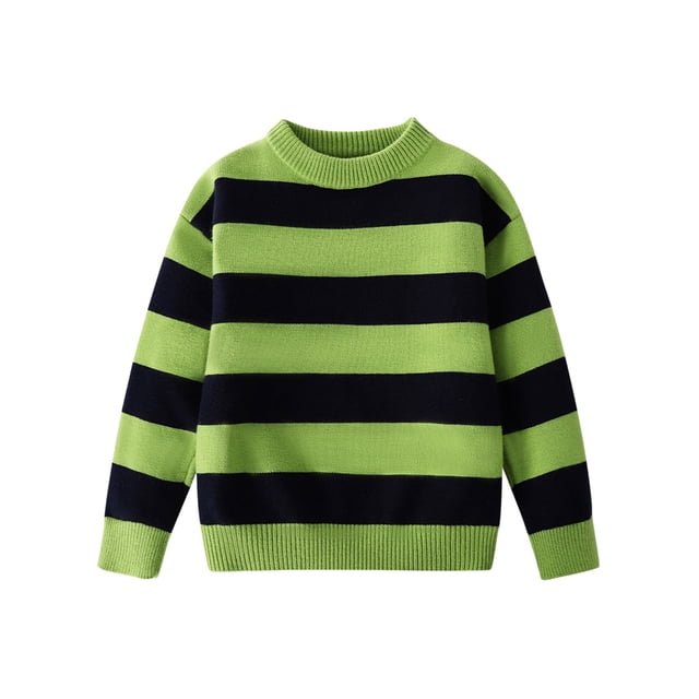 Tricot d'Hiver pour Filles et Garçons, Col Rond Rayé, Manches Longues, Vert