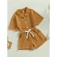 thumbnail image 3 of Caoirhny Toddler Girls Summer Clothes Outfits 6 12 18 24 Months 2T 3T 4T Solid Color Short Sleeve Turn-Down Collar Waffle Tops Elastic Waist Shorts 2Pcs Suit, 3 of 9