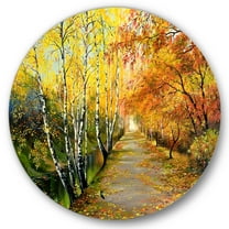 Designart 'Path Through The Autumn Woods Along River' Traditional Circle Metal Wall Art 23x23 - Disc of 23