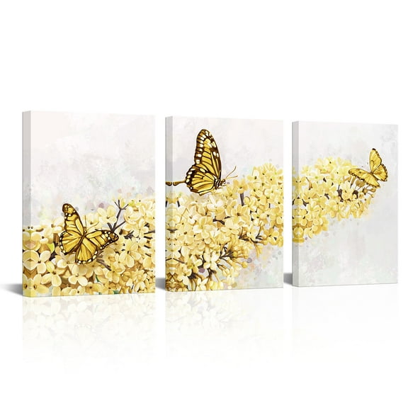 Butterfly and Flower Canvas Wall Art Floral Picture Bathroom Wall Decor Bedroom Art Farmhouse Kitchen Wall Decor, 12x16inchx3Pieces(Yellow)
