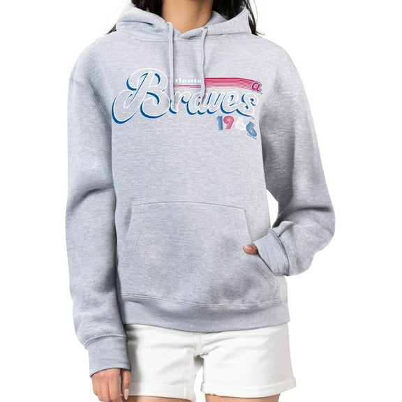 Women's Starter Gray Atlanta Braves Groovy Script Team Fleece Pullover Hoodie