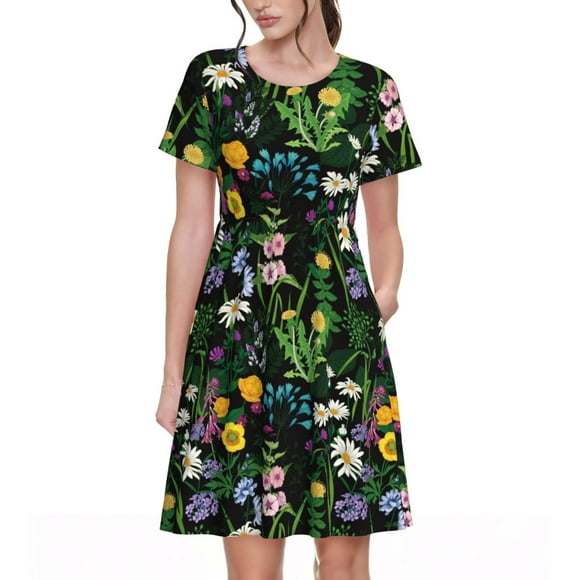 Vsdgher Chamomile for Womens Summer 2025 Casual Midi Maxi Dresses Lightweight Short Sleeve Round Neck Beach Dress