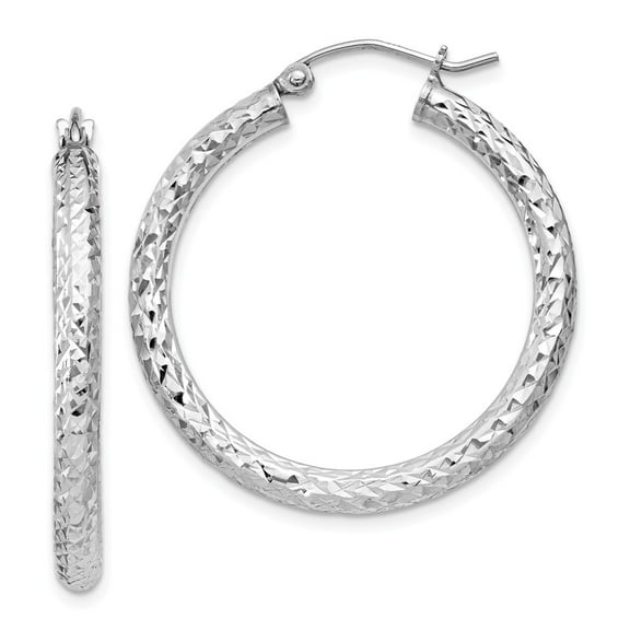 925 Sterling Silver Rhodium-plated Diamond Cut 3x30mm Hoop Earrings; for Adults and Teens; for Women and Men