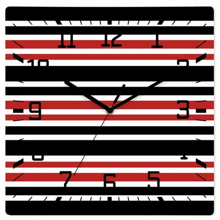 Wall Clock Red Black Stripes Operated Square Clocks Wooden Silent Non-Ticking Wallclock 12 Inch Contrast Striped Wood Wall Clock for Living Room Bedroom Office Shool Home Decor
