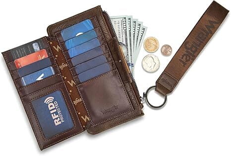 Wrangler Women’s Western Wallet - RFID Blocking Bifold Wristlet with Zipper Pocket and Elegant Tooling Design, Coffee