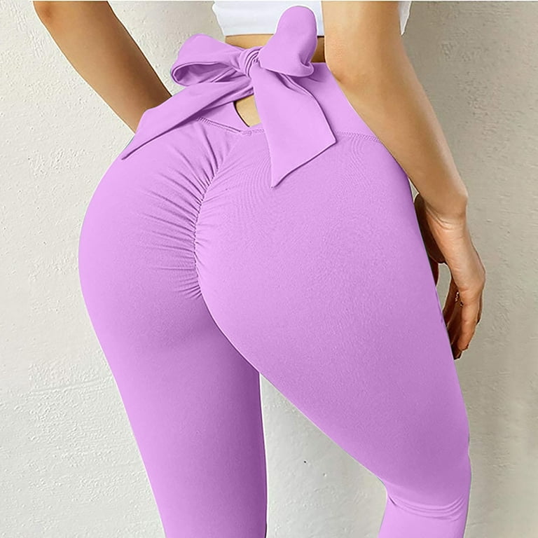Hfyihgf Leggings for Women High Waist Tummy Control Yoga Pants Back Tie Bow  Hip Lift Workout Fitness Running Tights(Wine,M)