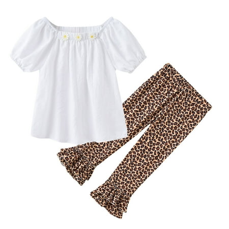 

Up to 30% off! Kukoosong Summer Baby Girl Clothes Fashion Cute Leopard Print Short Sleeve Flared Pants Suit White 3-4 Years