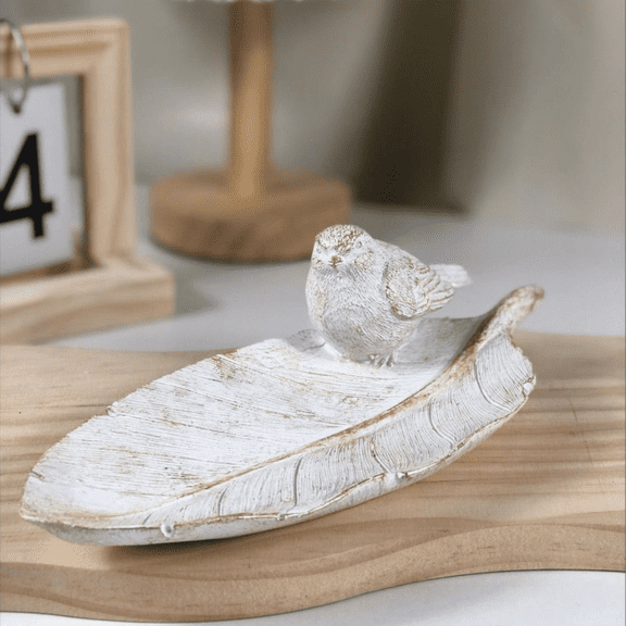 Bird Feeder Wild Bird-Bath Bowl Outdoors, Bird Bath for Outside - Garden Decor Polyresin Birds on Leaf 3.74 * 9.45 * 3.93 Inch