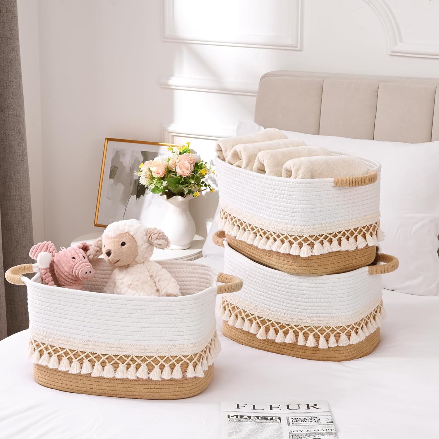 Natubeau 3 Pack Woven Storage Baskets, Jute 22L Large Storage Basket for Organizing, Cotton Rope Storage Bins with Heavy Tassel, Cube Laundry Baskets