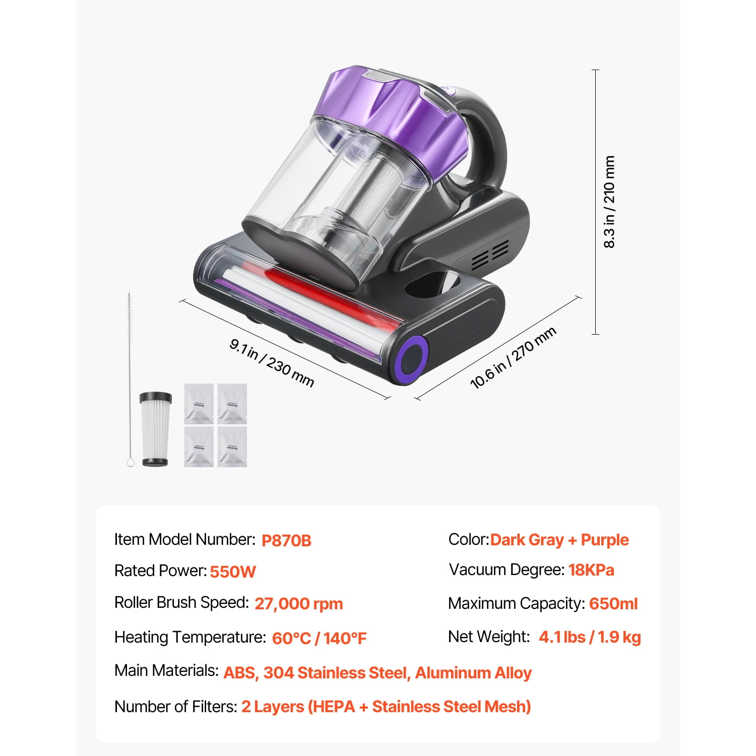 KFFKFF Mattress Vacuum Cleaner, 550W Strong Suction and 140℉ Warm Air, Ultrasound Technology & Cleaning Lights, HEPA Filter & Heating, Handheld for Bed, Sofa, Corded, Gray
