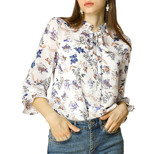 INSPIRE CHIC Haut de Loisirs à Manches Longues pour Femmes avec Col à Nouer, Col à Volants et Imprimé Floral