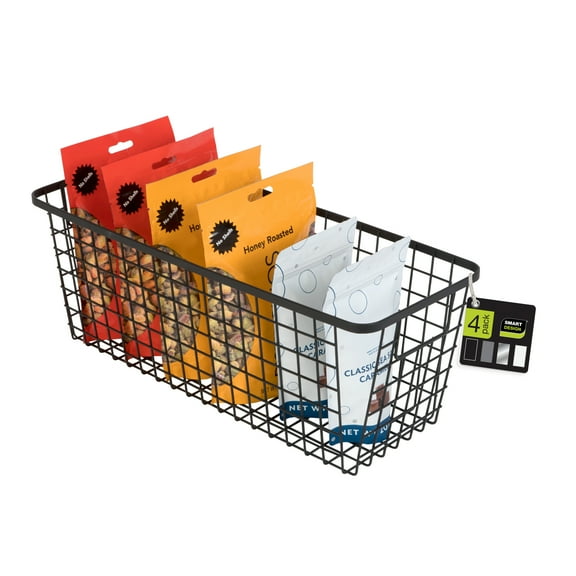 Smart Design Nestable Basket Organizer with Handles - 6 x 16 x 6 inches - Black - Set of 4