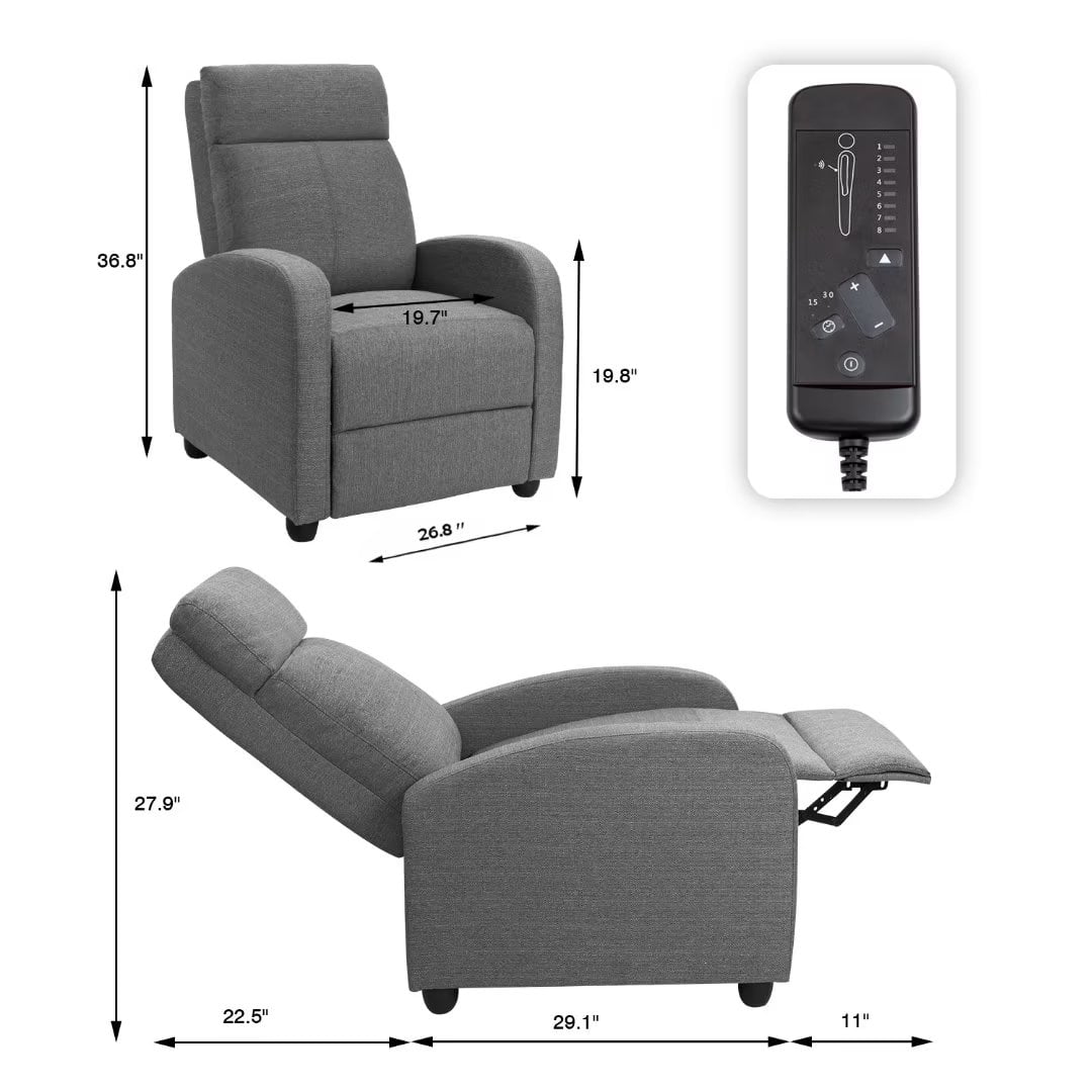 Vineego Massage Sofa Chair,Adjustable Fabric Recliner Home Theater Seating with Padded Backrest and Thick Seat Cushion ,Gray