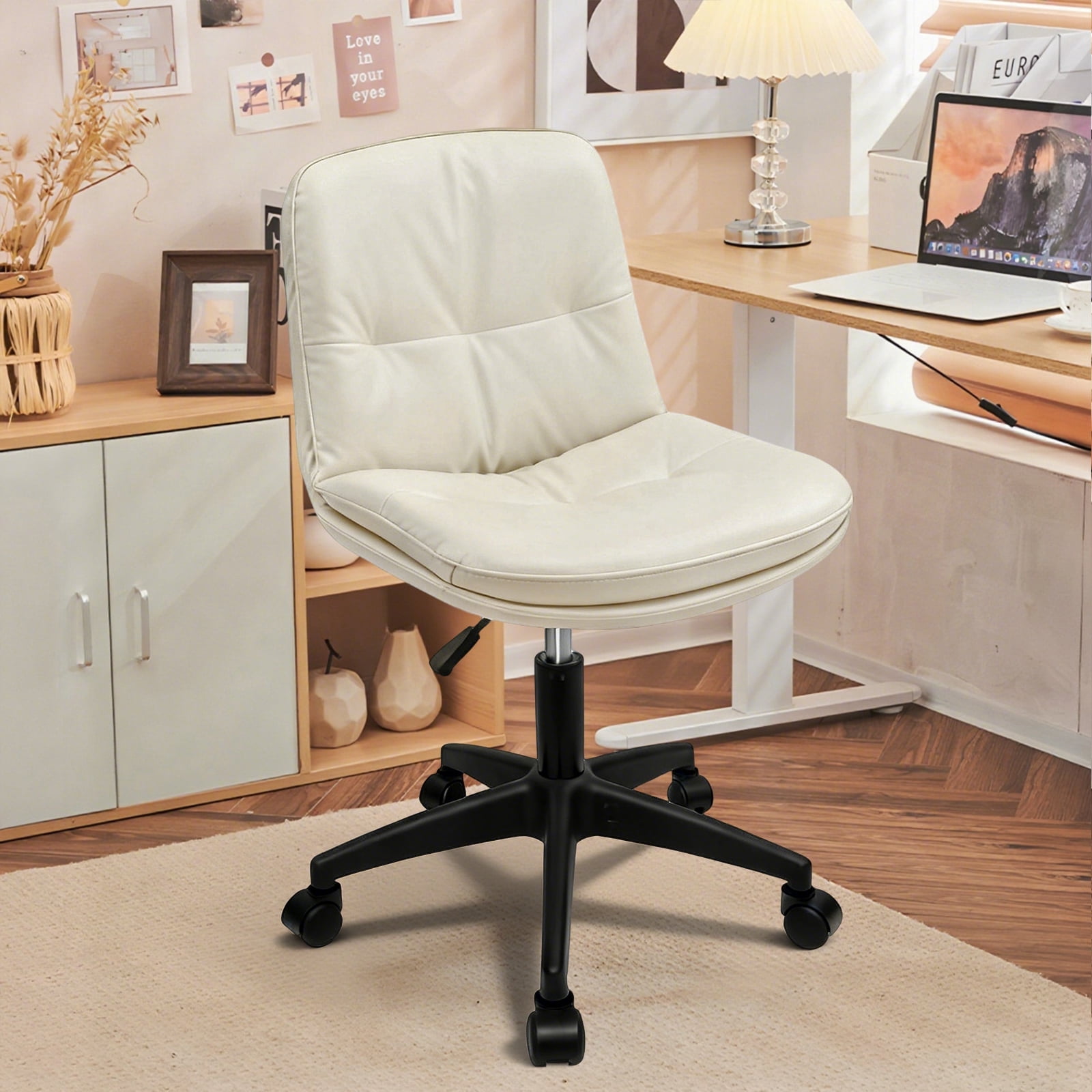 Vanity Chair with Back, PU Leather Swivel Office Desk Chair, Height Adjustable Armless Chair for Small Spaces, Bedroom, Vanity, Home Office Beige